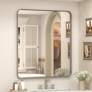 24x28 Inch Silver Bathroom Mirror, Brushed Metal Framed Silver Vanity Mirror for Wall, Shatterproof, Anti- Rust, Horizontally or Vertically Mounted