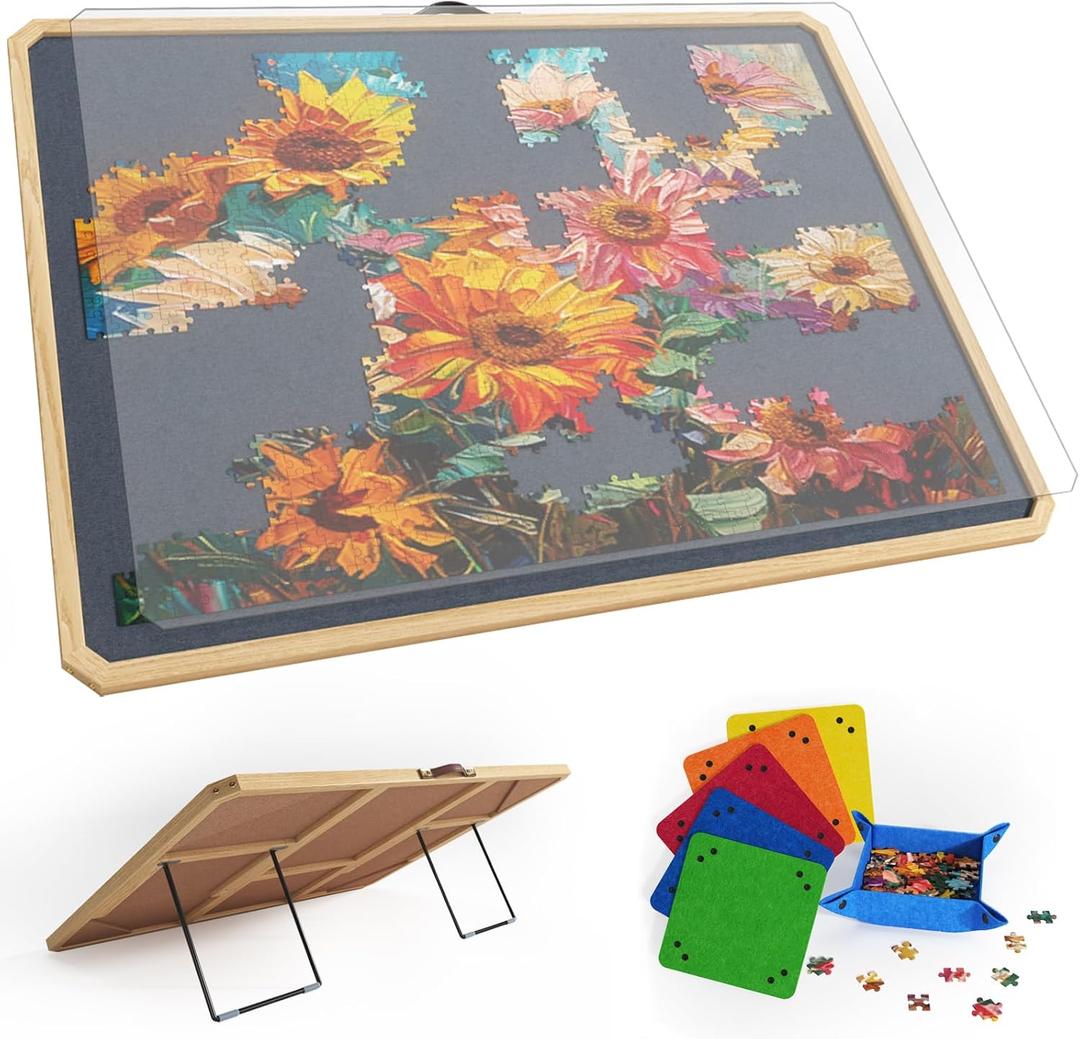 1000 Pcs Puzzle Board with Tilting Stand, 6 Sorting Trays & Cover for Adult, 1000-Piece