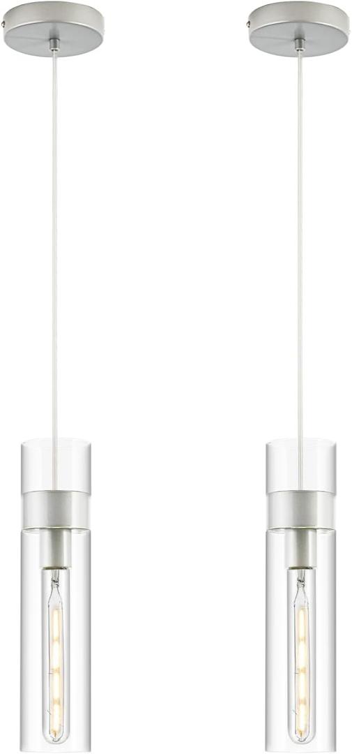 2 Pack Pendant Lights Kitchen Island (Bulbs Included), Brushed Nickel Adjustable Modern Glass Pendant Light Over Island, Industrial Pendant Light Fixtures for Dining Room Hallway Bedroom Living Room