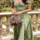 Linsery Women's Puff Sleeve Floral Maxi Dress Elegant Square Neck Cottagecore Boho Split Long Dresses (Large, Green)