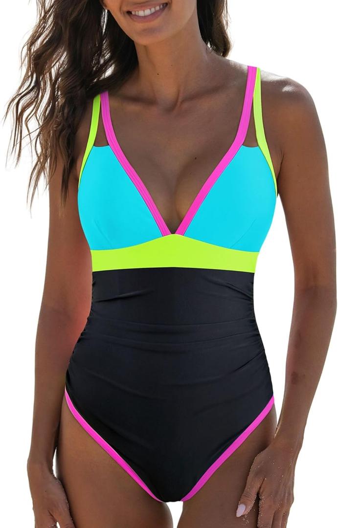 popvil Women's One Piece 2025 Tummy Control Swimsuits Neon Color Block Swimwear Deep V Neck Slimming Bathing Suit (Black & blue) S