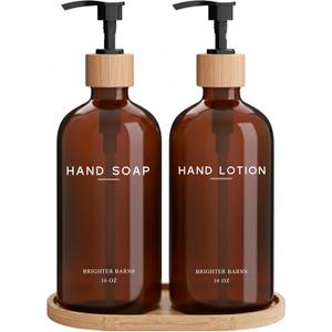 Amber Glass Soap and Lotion Dispenser Set with Tray by Brighter Barns - Hand Soap Dispenser Bathroom Set - Glass Bottles with Pump - Bamboo Home Accessories & Modern Bathroom Decor for Airbnb (Amber)