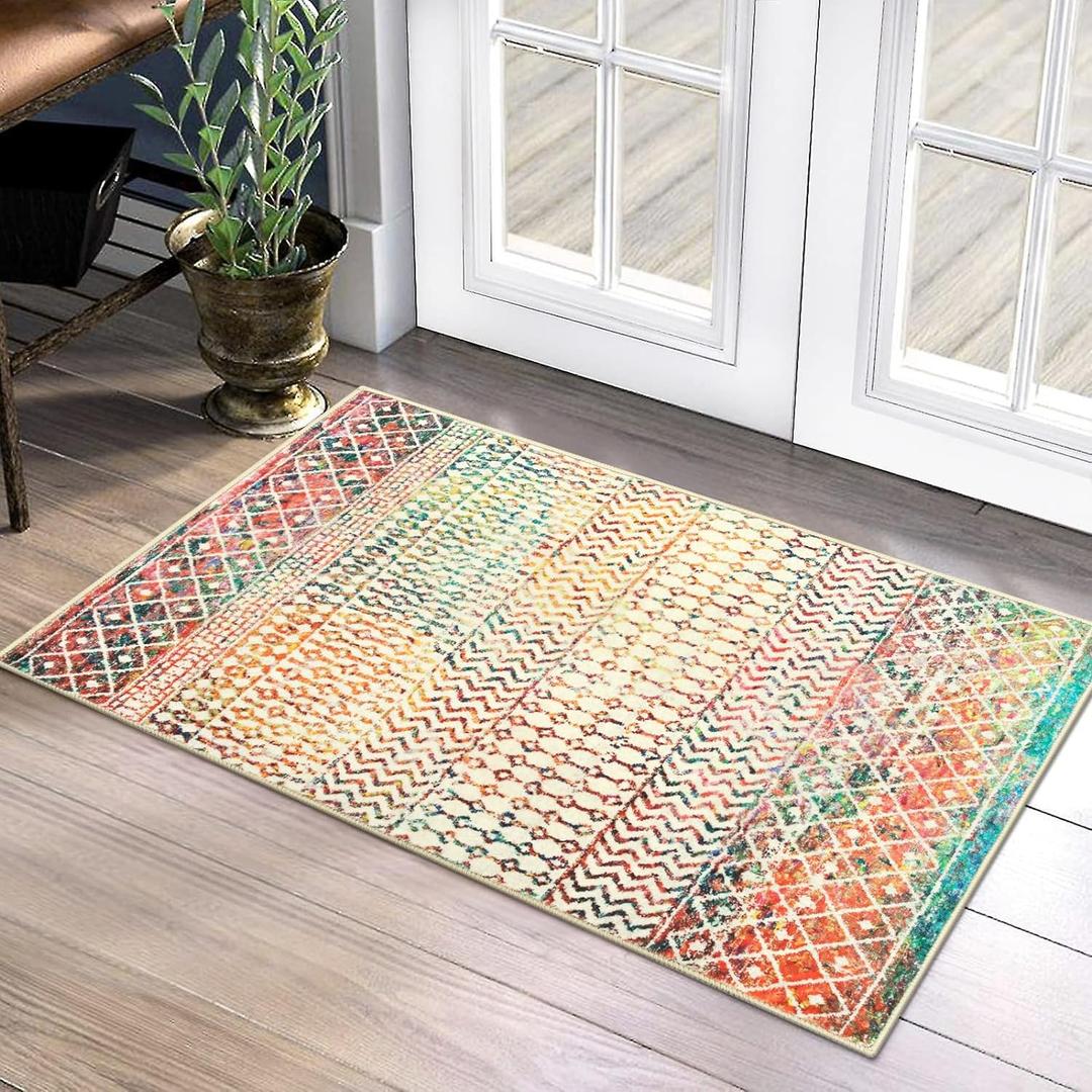 Moroccan Small Rug for Bedroom, 2x3 Colorful Rug Non-Slip Washable Indoor Door Mat, Soft Low-Pile Distressed Kitchen Mat Floor Carpets for Bedside Kitchen Entryway Bathroom