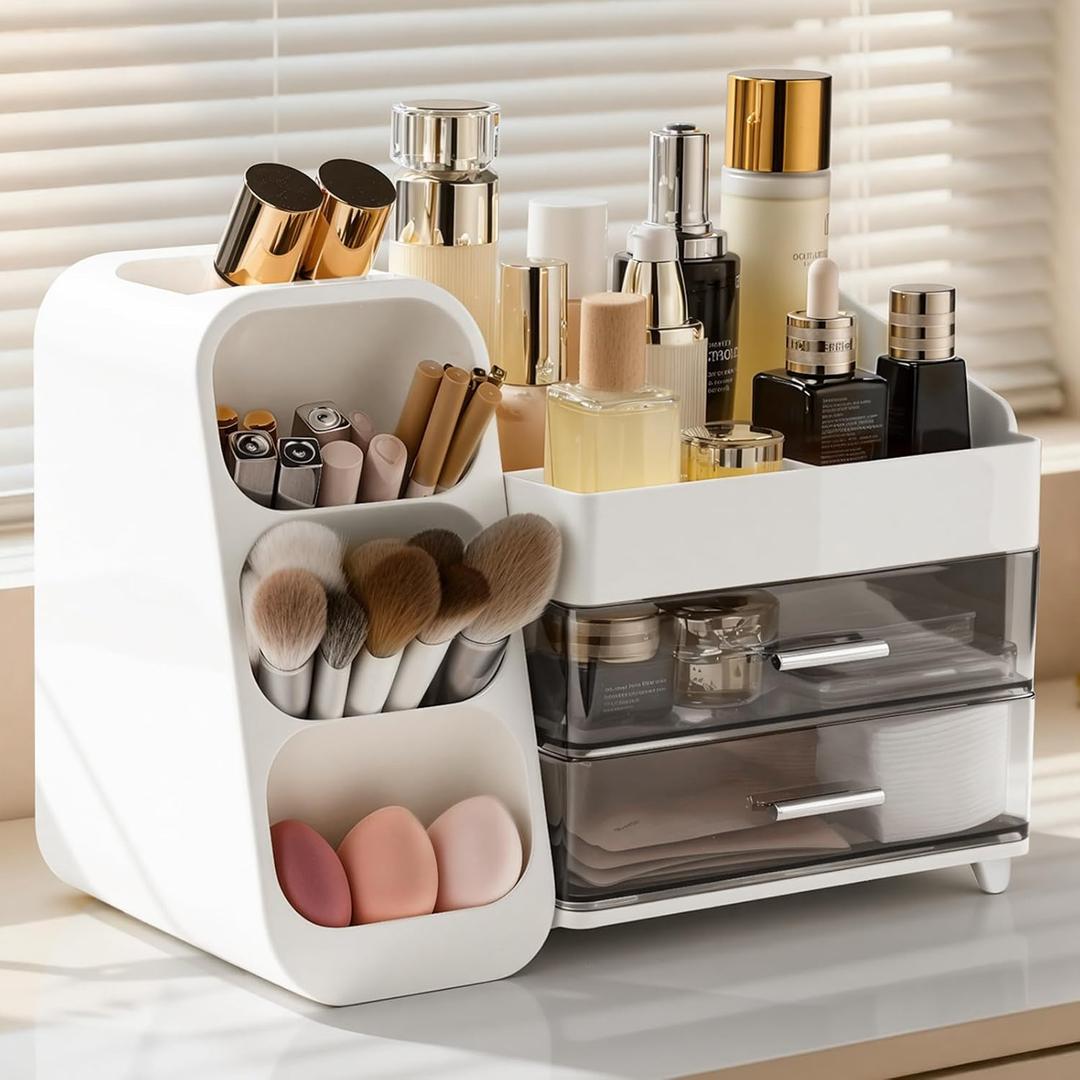Delamu Makeup Organizer Countertop, Spacious Cosmetic Display Case with Makeup Brush Holder, Perfect Vanity Bathroom Organizer and Storage, Ideal Christmas Gifts for Women Girls, White
