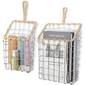 DoubleFill 2 Pcs Hanging Storage Baskets Iron Wire Handwoven Wall Baskets with Wicker Hook Rustic Wall Mounted Organizer for Organizing Mail Files Accessories Kitchen Bathroom Pantry Farmhouse Decor