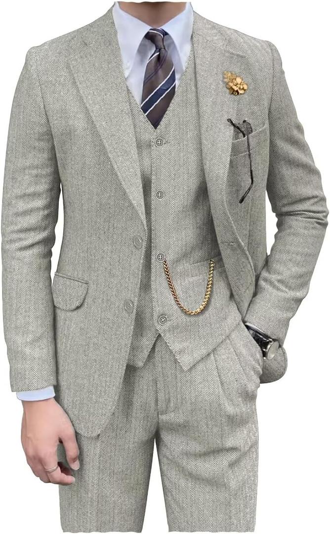 3 x Retro Men's 3 Piece Suit Tweed Herringbone Slim Fit Suits Groomsmen Brown Tuxedos Set Prom Jacket Blazer Vest Pants for Men, XXL