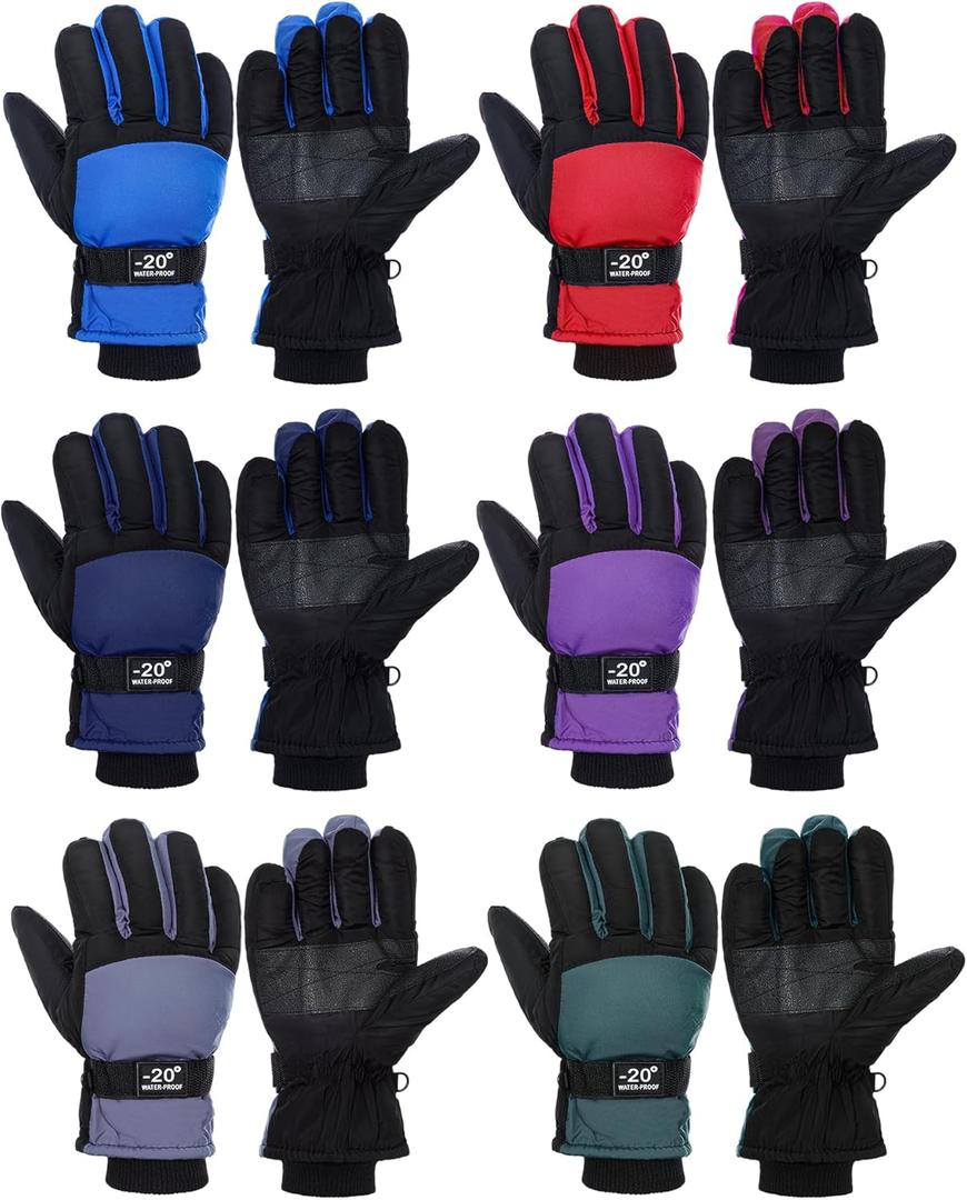 Bencailor 6 Pairs Kids Winter Snow Gloves Waterproof Boys Ski Mittens Windproof Warm Snow Gloves for Girls (10-15 Years, Red, Green, Blue, Purple, Gray, Dark Blue)