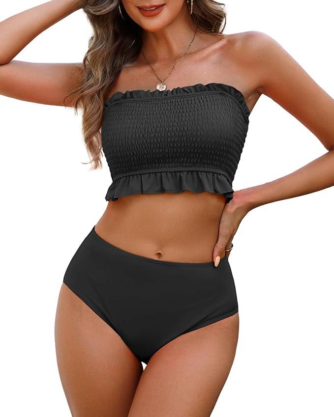 Tempt Me Women Bandeau High Waisted Bikini Sets Smocked Swimsuit Strapless Two Piece Bathing Suit, Small