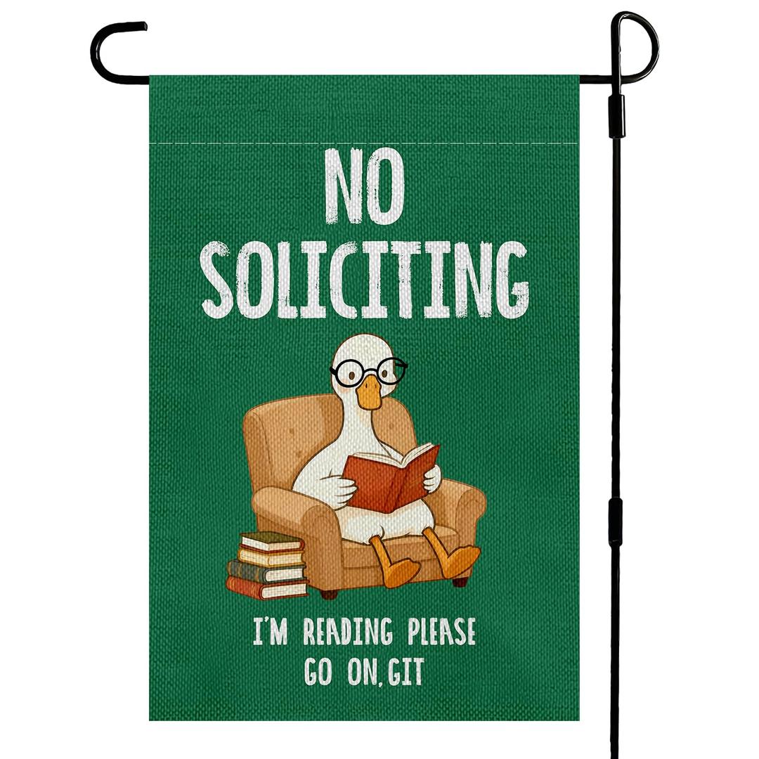 No Soliciting Garden Flag, Funny Reading Goose Double-Sided Burlap Yard Flag for Outside Porch Decor, 17.7 x 11.8 in