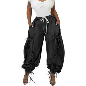 Unybwonn Women Baggy Barrel Jeans High Waisted Y2k Drawstring Bow Tie Cargo Jean Retro Wide Leg Ankle Denim Joggers (Black, M)