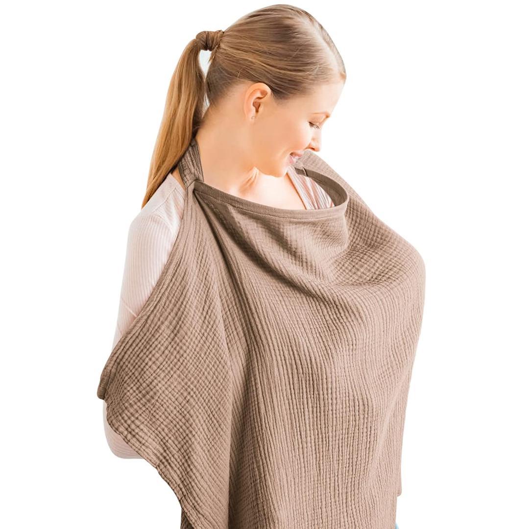 Konssy Muslin Nursing Cover for Baby Breastfeeding, Breathable 100% Cotton Breastfeeding Cover with Rigid Hoop for Mother Nursing Apron, Multi-use Carseat Canopy (Brown)