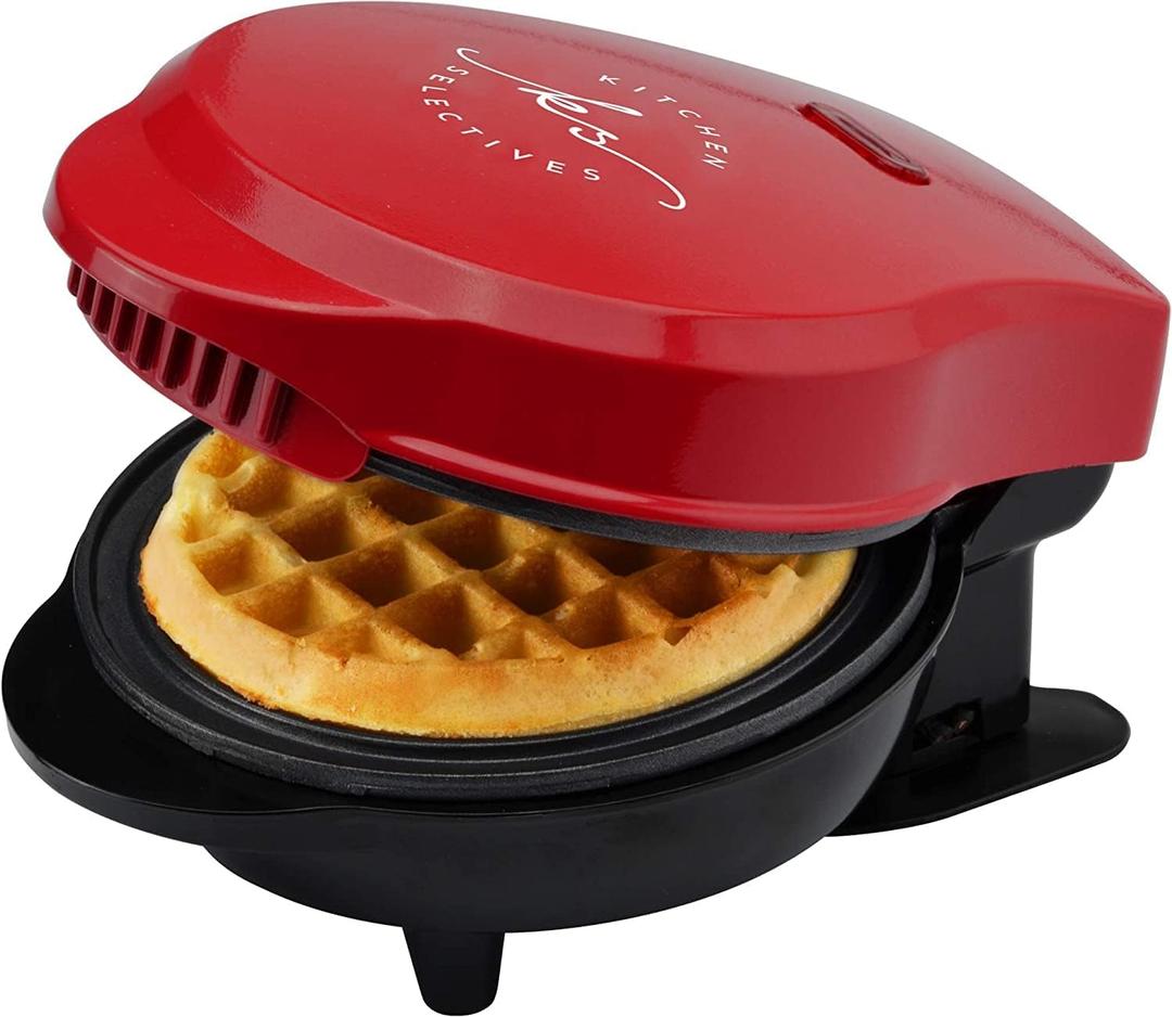Mini Waffle Maker By Select Brands - Classic Waffle Iron for Traditional, Savory or Dessert Waffles - Features Non-Stick Coating - 4 Mini Waffles, Red