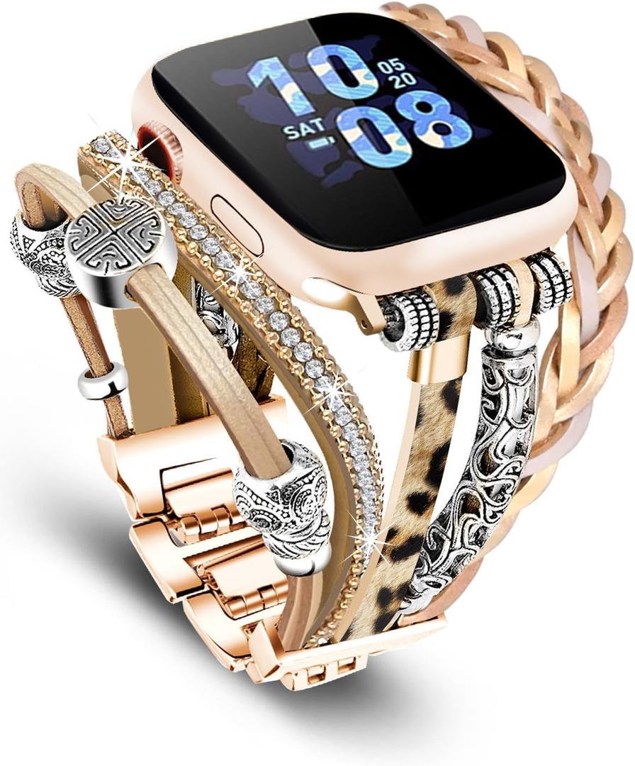 Compatible with Apple Watch Band for Women, Boho Bracelet for Apple Watch, Multilayer Leather Wrap Braided Strap for iWatch Series 42(series 11/10)/41/40/38mm Leopard khaki