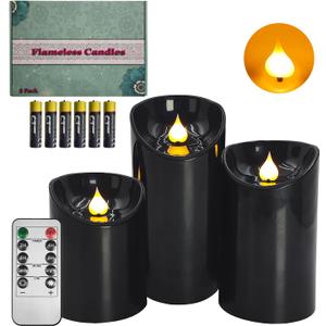 Battery Operated Pillar Candles, 3 Pack Black Flickering LED Candles with Remote and Timer, Indoor & Outdoor Flameless Candles, 15-Day Runtime