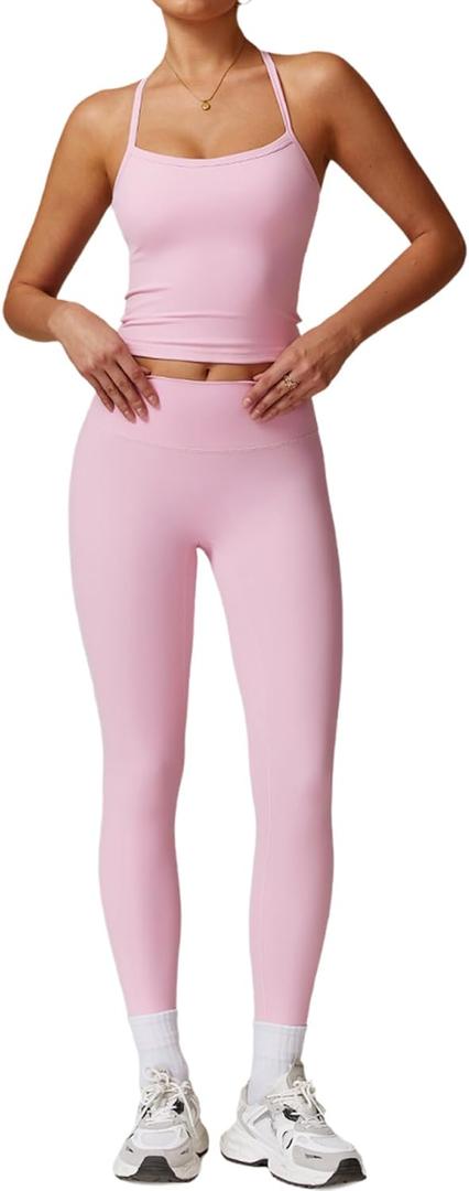 Womens Workout Sets Two Piece Cross Back Tank Top Matching High Waist Leggings Sets Gym Outfits Work Out Clothes (Small, Pink)