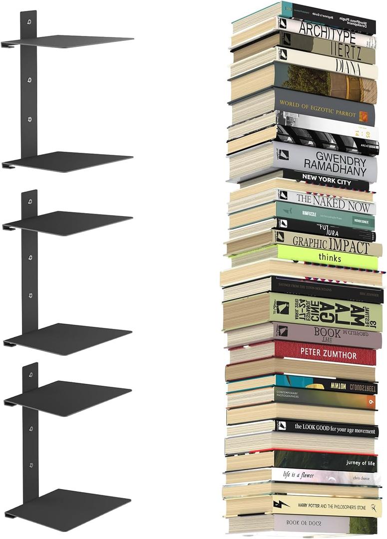Invisible Floating Bookshelves for Wall, 6 Tier Vertical Spine Book Tower, Heavy Duty Floating Book Shelves Metal Book Organizers for Home Office, 3 Pac, Black