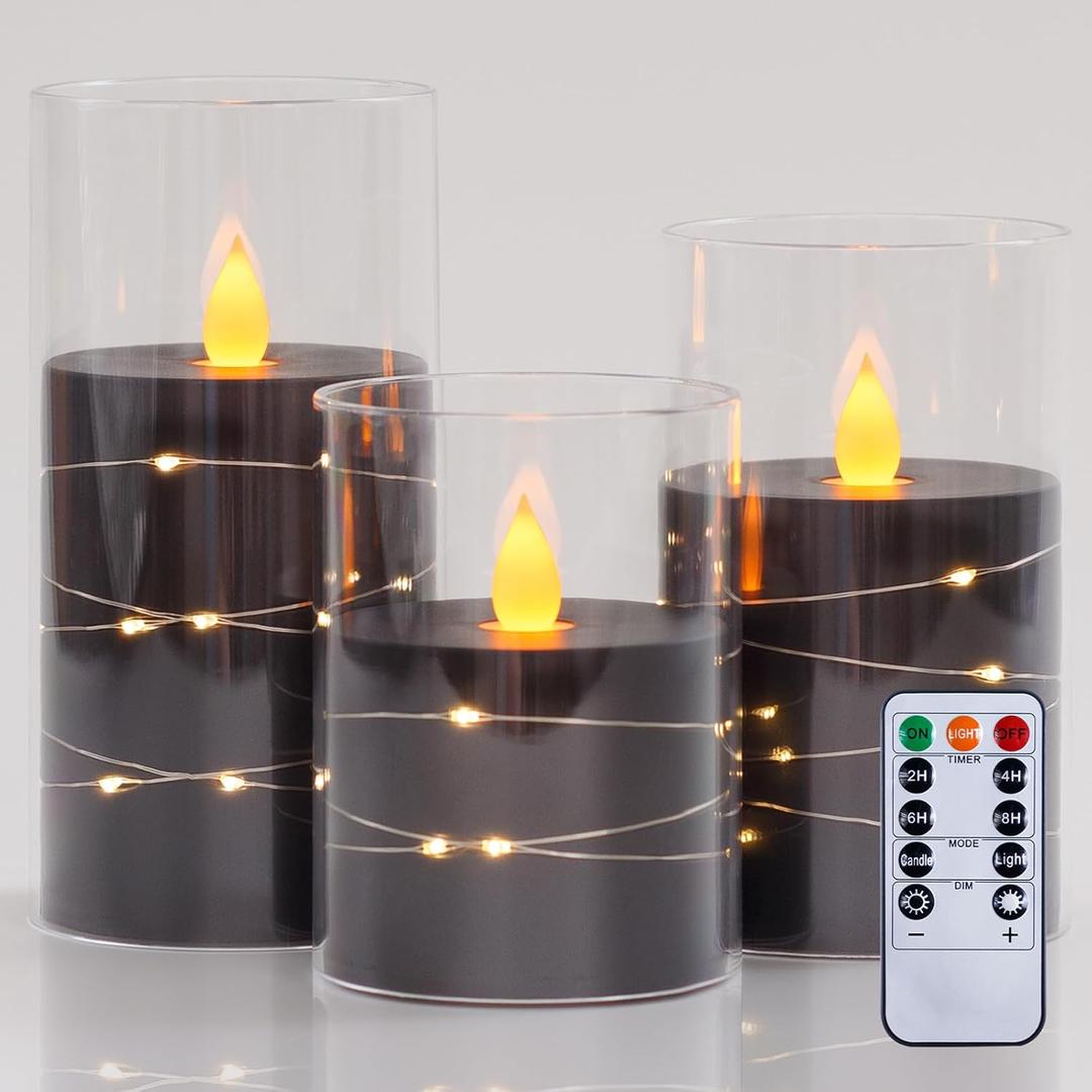 Flameless Flickering 3" x4" 5" 6" Clear Plastic Black 11-Key Remote Candles with Light Strings, LED Battery Operated Cycle Timer Pack of 3 Candles for Halloween Festival Decor