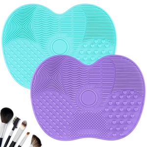 2 Pcs Silicone Make Up Brush Cleaning Mat, Makeup Brush Cleaner Mats, Cosmetic Cleaning Pads, Portable Washing Tool with Suction Cup for Makeup Cosmetic Brushes (Green and Purple)