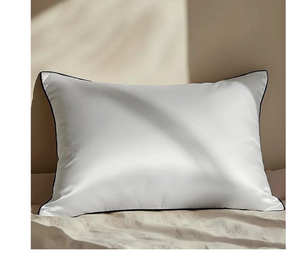 Pure Silk Pillowcase Size - Perfect for Hair and Skin, Preventing Wrinkles - Easy Care - Naturally Cooling Silk Pillow Cover with Hidden Zipper ( White, Black Piping), 35 x 17