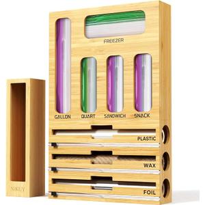 NIKUY 9 IN 1 Bamboo Foil and Plastic Wrap Organizer for Kitchen Drawer, Plastic Bag Organizer Organization and Storage, Food Storage Bag Organizer with Labels for Quart Gallon Snack Sandwich Bag