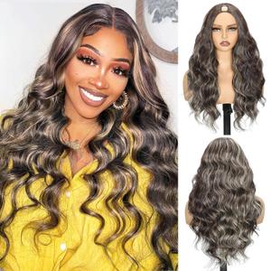 Aisaide Highlight V Part Wig Body Wave For Black Women 24Inch Glueless Full Head Clip In Half Wig V Shape No Leave Out Wear and Go Highlighted Brown Body Wig for Women, 24 Inch, V Part-Body Wavy-#Highlight
