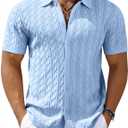 COOFANDY Men's Knit Short Sleeve Shirts Button Down Vintage Knitted Polo Shirt Casual Beach Crochet Cable Vacation Shirt (Light Blue), Small