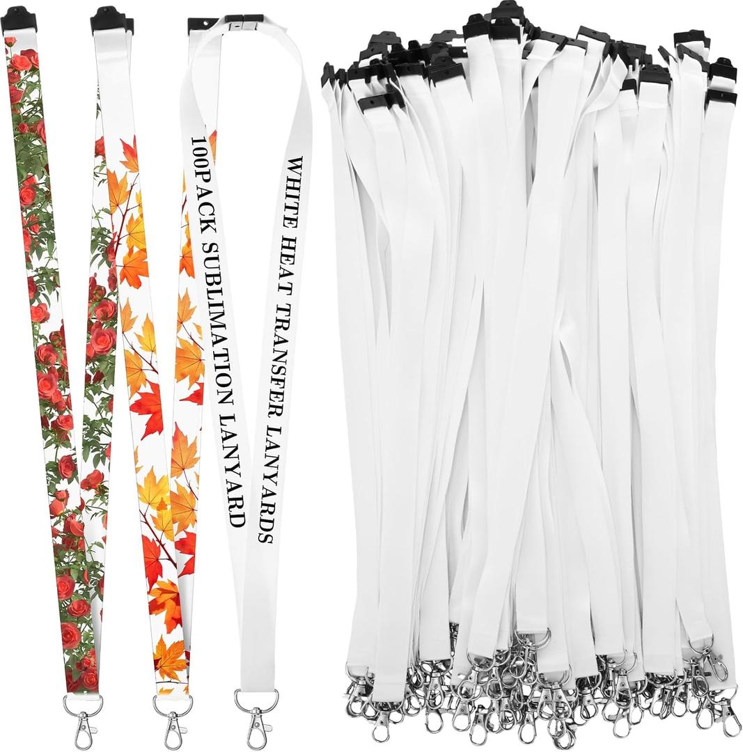 Patelai 100 Pcs Sublimation Lanyard Blanks Bulk White Neck Lanyards with Detachable Buckle Heat Transfer Rope for Custom Personalized for ID Card Badge Holder Keychain Office School Workers Gifts