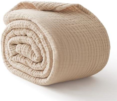 Kozyhvn 100% Cotton Muslin Blanket California King 120" x 90", 6 Layers Breathable and Lightweight Oversized Blankets for Bed, Soft Cooling Gauze Blanket for Adults All Season, Beige
