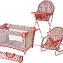 Floral Baby Doll Accessories Set, 3-1 Baby Doll Crib, Baby Doll High Chair & Bouncer Seat. 18 inch Doll Accessories with Doll Bed. 18" Dolls Furniture Play Stuff. Toys for Girls Ages 3-5,4-6,5-7,8-10