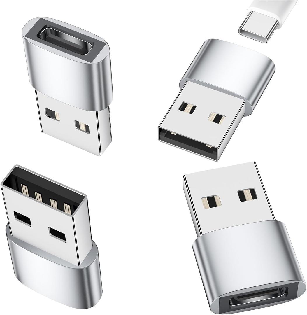 for CarPlay/Car Charger Adapter for iPhone 17 16 15 Pro Plus Cable, USB to USB C Adapter USB2.0 OTG Connector for Samsung Galaxy S25 S24 S23 S22 S21 S20, Pixel 10 9 8 7 6 Pro, Sliver, 4-Pack