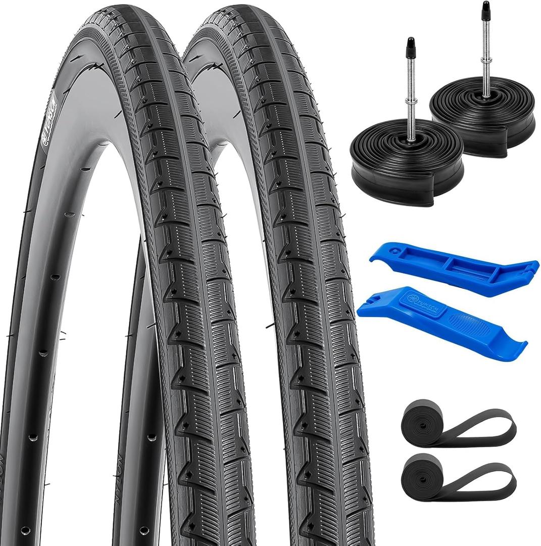 2-PCS 700C Road Bike Tires 700x28C/28-622 28x1 5/8x1 1/8 and 700C Heavy Duty Bike Tubes Presta Valve with 2 Rim Strips Compatible with 700x26C 700 x 28C 700x30C Bike Bicycle Tires and Tubes (700x28C-Black)