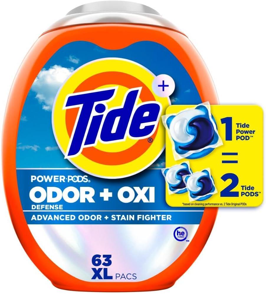 Tide Odor Defense + Oxi Laundry Detergent Pacs, Original Scent, 63 Count, Advanced Odor + Stain Fighter, 93 Oz