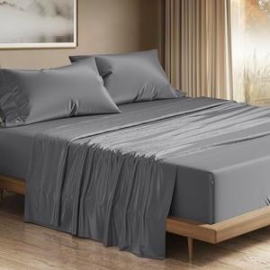 THREAD SPREAD 100% Egyptian Cotton King Size Sheets Set - Luxury 1200 Series Plush Collection Egyptian Cotton Sheets King Size (4 PC, Dark Grey), Silky Soft, Cooling, 17" Deep Pocket Bed Set