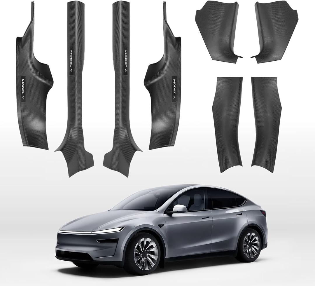 Carbon Fiber Door Sill Protector for Tesla Model Y Juniper 2025-2026 - Front & Rear Entry Guard Scuff Plate Set, 8PCS All-Weather ABS Interior Accessories