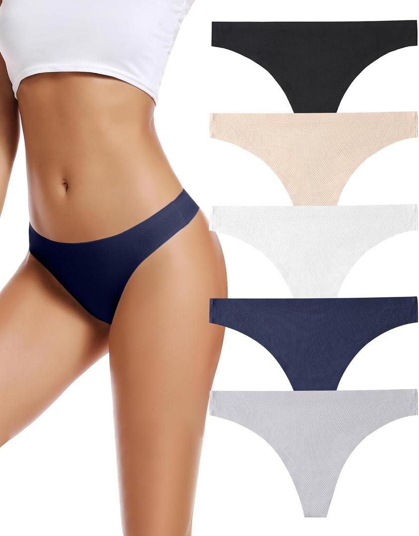 voenxe Seamless Women Underwear Thongs,No Show Ladies Thong,No Line Workout Breathable Comfortable Panties,Soft Undies,5-Pack, Size: Medium