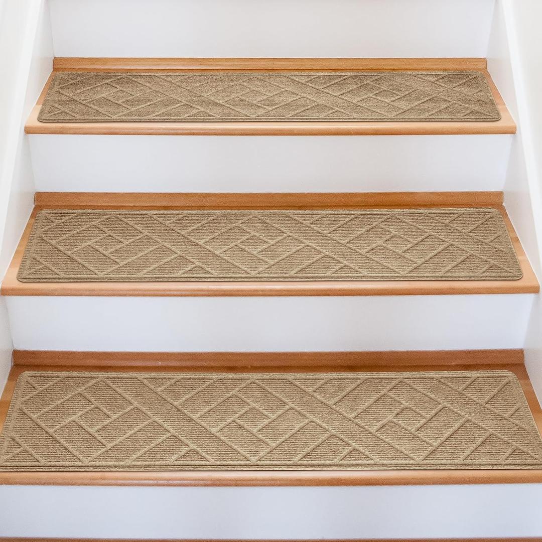 15 Pack 8 "X 30" Non-Slip Carpet Stair Treads for Indoor Wooden Steps, Made of Polyester and Reusable Adhesive, Suitable for Kids Elders and PetsBeige Lines