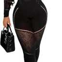 Women's Sexy 2 Piece Set Mesh Jumpsuit Hollow Long Sleeve Sexy Bodysuit Top and High Stretch Legging Set (Black) L/XL