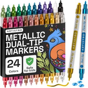 ARTISTRO 24 Metallic Acrylic Paint Markers for Rock, Fabric, Wood, Glass, Craft, Decoration - Dual-Tip Paint Pens - Stocking Stuffers, Christmas Gift Idea for Teens, Grandkids, Kids - Art Supplies
