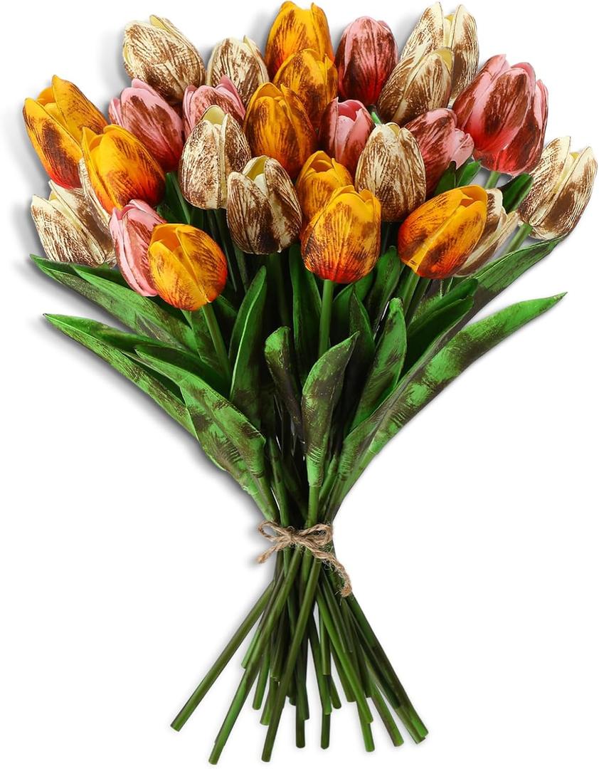 Canlierr 24 Pcs Artificial Faux Tulips Set Fake Real to Touch Tulip Flowers Decor Primitive Grungy Country Bouquet for Spring Vintage Rustic Table Centerpiece(Pink Yellow Orange)