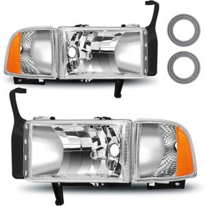 Headlight Assembly Fit For 1994-2001 1994 1995 1996 1997 1998 1999 2000 2001 Dodge Ram 1500 94-01 1994-2001 Dodge Ram 1500/1994-2002 94-02 Dodge Ram Pickup 2500 3500 Headlights (Chrome Housing, Chrome Housing Amber Reflector)