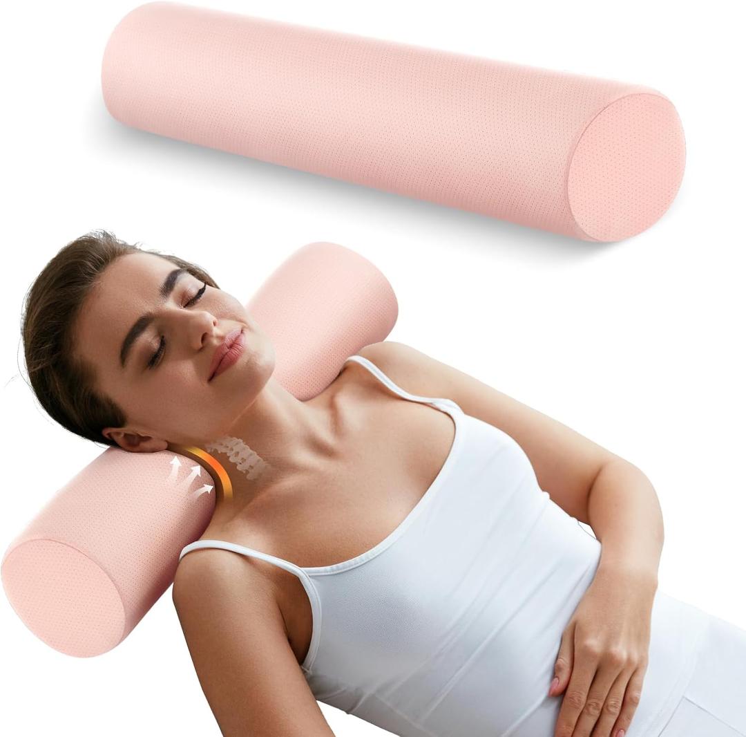 Memory Foam Round Pillow, Cervical Neck Pillow for Pain Relief, Cylinder Pillows 18"x 4", Removable Cover, Neck Roll Pillow for Sleeping, Porous Dots, Pink