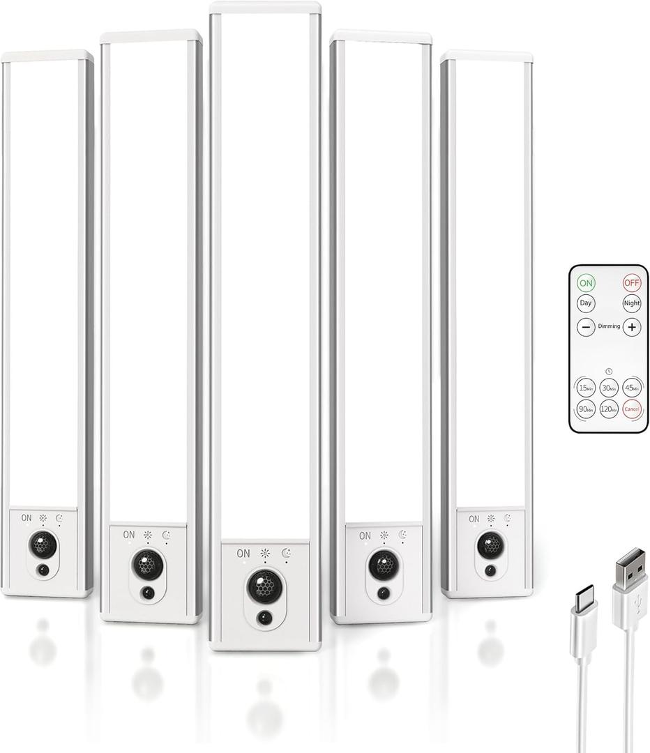 EZVALO 5-Pack Under Cabinet Lighting, 2400mAh Motion Sensor Light, LED Closet Lights Wireless, 6500K Dimmable, Timer, Magnetic, with Remote Control for Kitchen, Closet, Stair