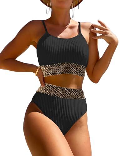 Zuvebamyo Women's High Waisted Swimsuit Two Piece Ribbed Bikini Sets Crop Top High Cut Cheeky Bathing Suits BlackGold L
