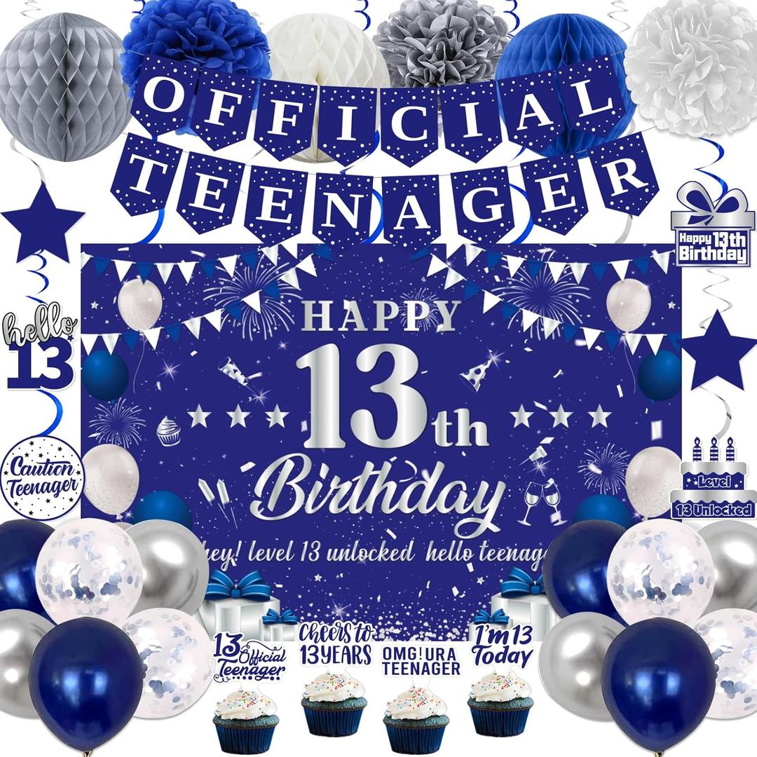 13th Birthday Decorations for Boys Girls, Blue Silver Official Teenager Party Decorations, Happy 13th Birthday Backdrop, Banner, Balloons, Pompoms, Hanging Swirls, Birthday Card, Cake Topper Set 54pcs (13th Blue Silver)