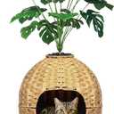 Hidden Cat Litter Box Plant Furniture Enclosure House w/Faux Plant, Decorative Handwoven Rattan Round Planter Cat Bed for Indoor Cats w/Odor Control Filter, in Living Room Bedroom Corner Natural