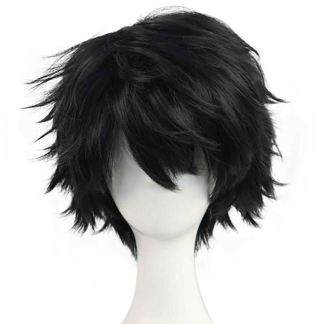 BESTBEL+Hair Cap Short Black Messy Wig for Men Short Messy Wig Black Synthetic Anime Hair for Halloween Cosplay Men's Cosplay Outfit for Costume Party