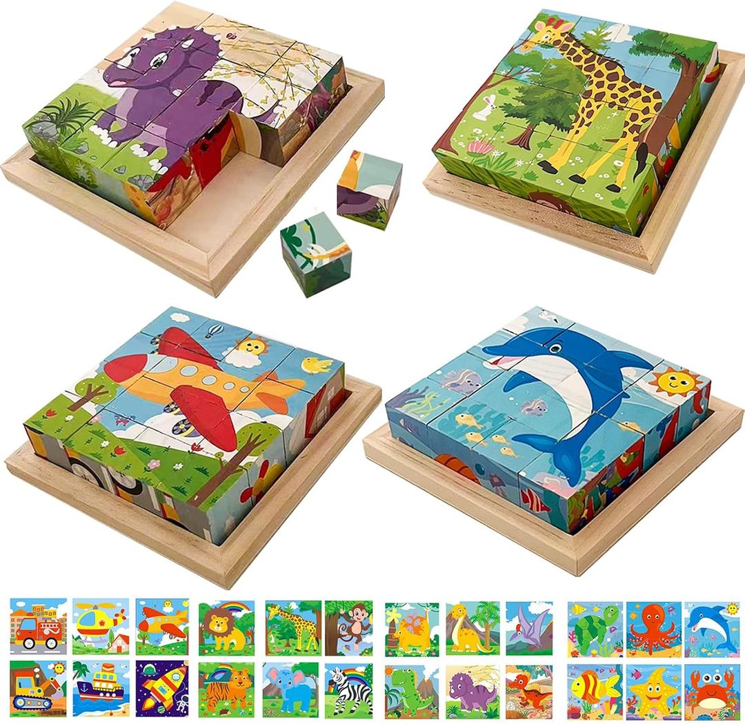 24 Jigsaw Puzzle Designs Cube Wooden Puzzles with Storage Tray,Toddler Kids Puzzles Ages 3 4 5 6,Educational Learning Montessori Toys for 3 4 5 Year Old