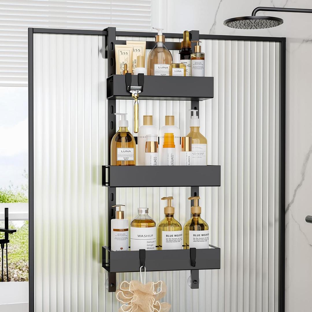 Orimade Over the Door Shower Caddy Height-Adjustable, Sturdy Bathroom Hanging Organizer Shelf Rustproof with 4 Hooks, Shower Basket Storage Rack with Suction Cups 3 Tier, Black