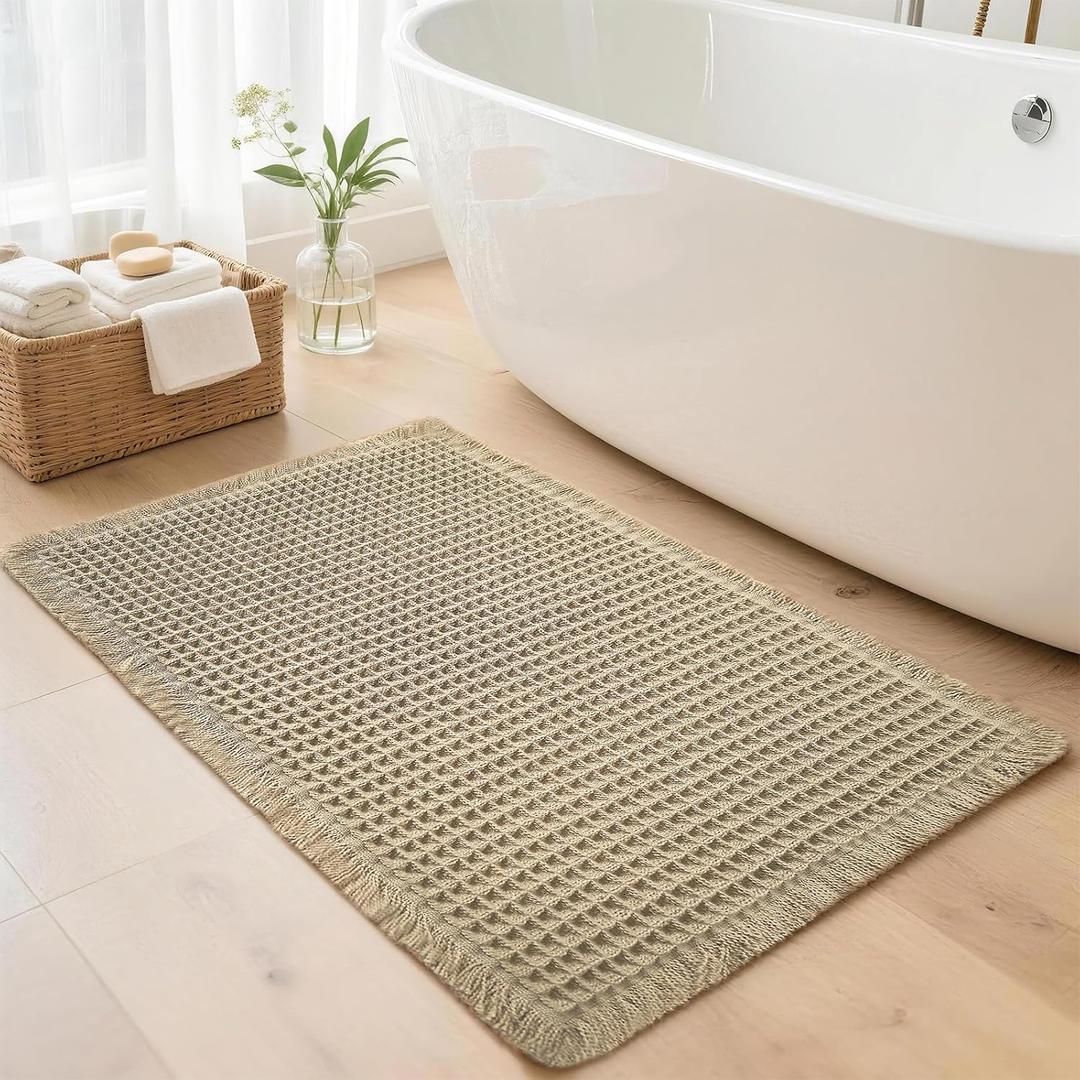 Waffle Bathroom Rugs, Super Absorbent Boho Bath Mats, Non-Slip Shower Mats for Bathroom Floor and Tub, Ultra Soft Waffle Weave Runner Mat, Quick Dry, Brown, 24x36 Inch