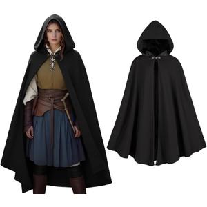 Women's Hooded Velvet Cloak, Renaissance Medieval Buckle Cape,Halloween Costume Cloak, One Size(Black)